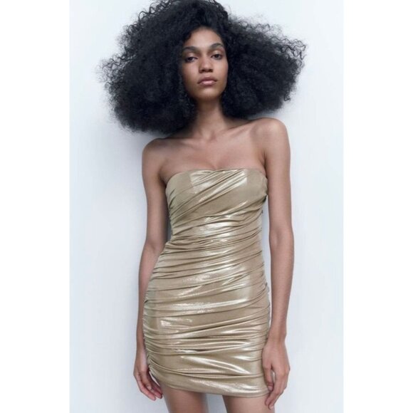NWT Zara Gold Strapless Ruched Mini Dress • Y2K Baddie Party Club Glam Coquette - Picture 15 of 16
